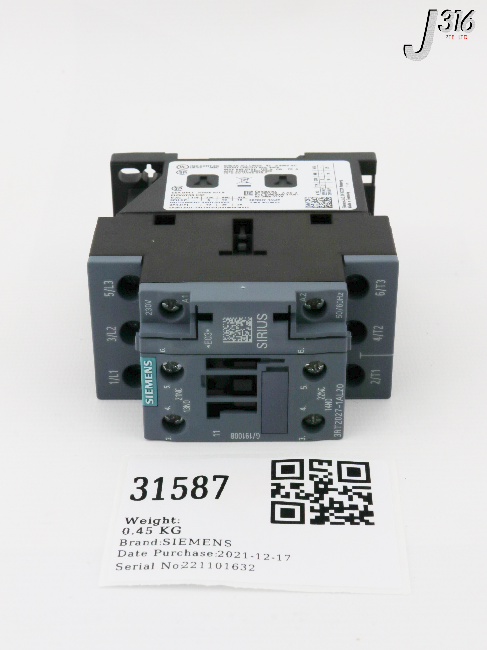 パソコン 31587 SIEMENS POWER CONTACTOR, 400V, 32A, 15KW (NEW) 3RT2027-1AL20